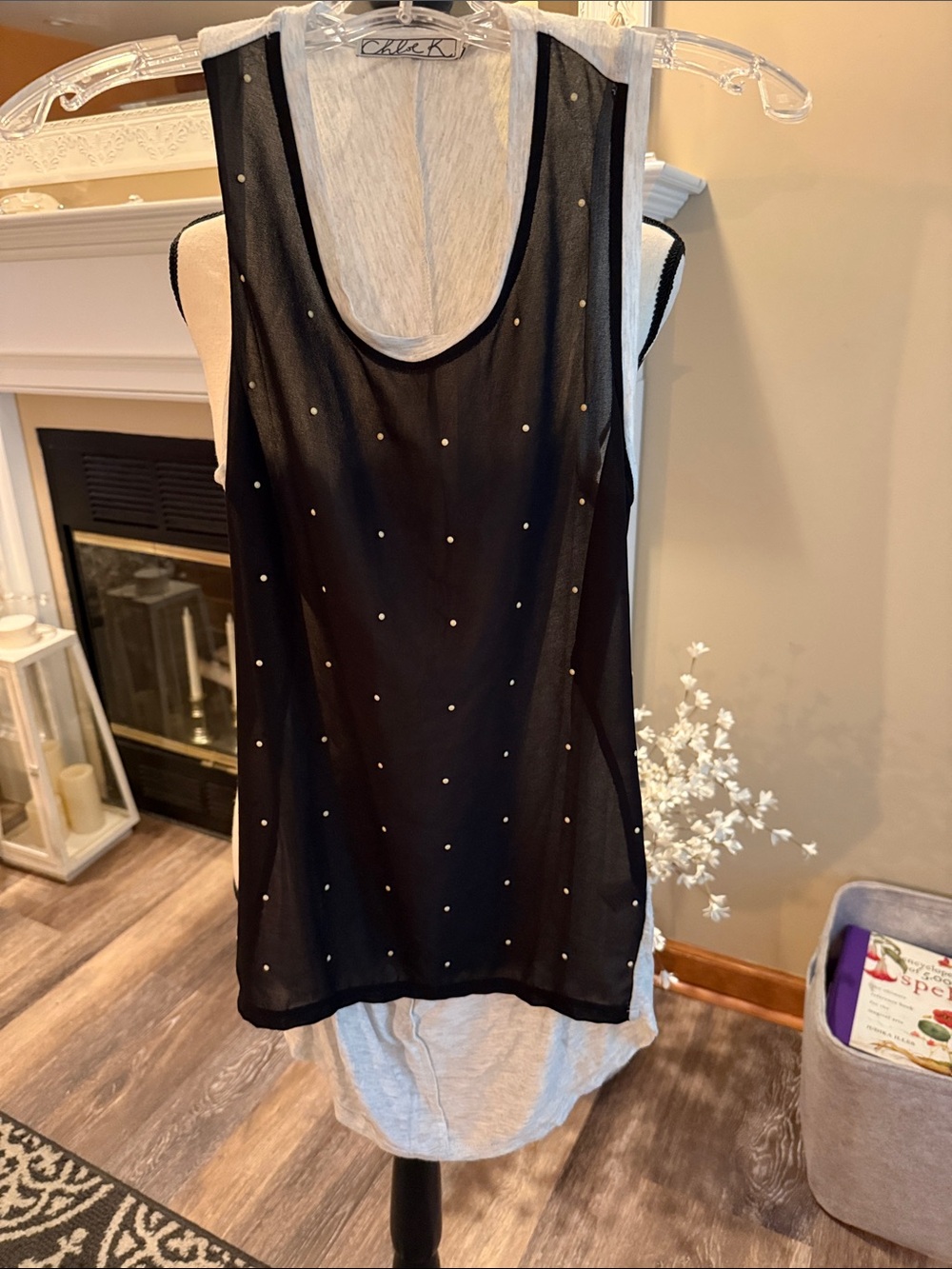 Chloe K Black Sheer Studded Layered Tank with Gray Underlayer